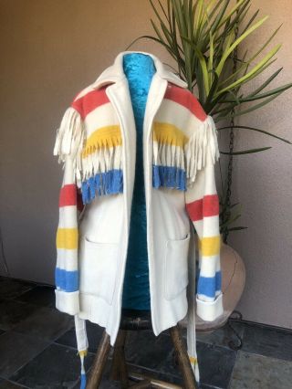 Vintage Pendleton Blanket Fringed Coat Jacket Overcoat Men’s Large 100 Colorful