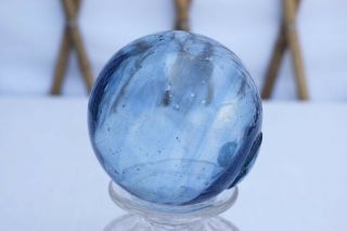 Japanese Light Blue Glass Fishing Float,  3.  58 " Diameter,  Cobalt Blue Swirls