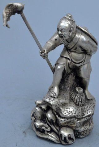 Collectable Miao Silver Carve Fisherman Go Fishing Souvenir Old Handwork Statues