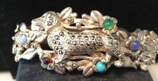 Vintage Jewellery Spectacular Sterling Silver Dachshund Dog & Flowers Bangle