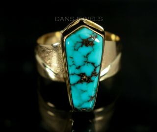 Custom Vintage Zuni Navajo Old Pawn Natural Turquoise 14k Gold Ring Sz 9