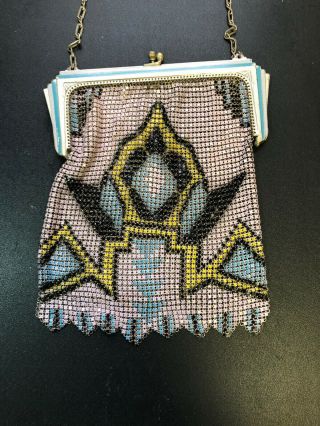 WHITING & DAVIS ART DECO ENAMEL METAL MESH FLAPPER PURSE Rare Pink And Blue 5