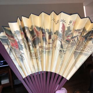 Vintage CHINESE WOOD Hand Fan PRINTING Calligraphy 13” 3