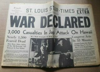 Wwii Newspaper,  December 8,  1941,  St.  Louis Star Times,  Pearl Harbor Attack