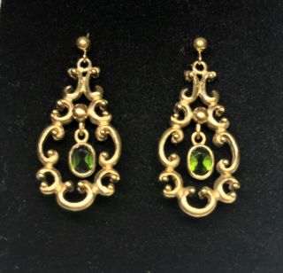 9ct Gold Vintage Drop Earrings With Oval Green Tourmaline Gemstones.