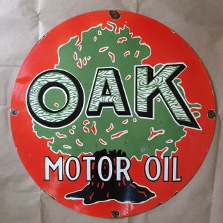 Oak Motor Oil Vintage Porcelain Sign 24 Inches Round