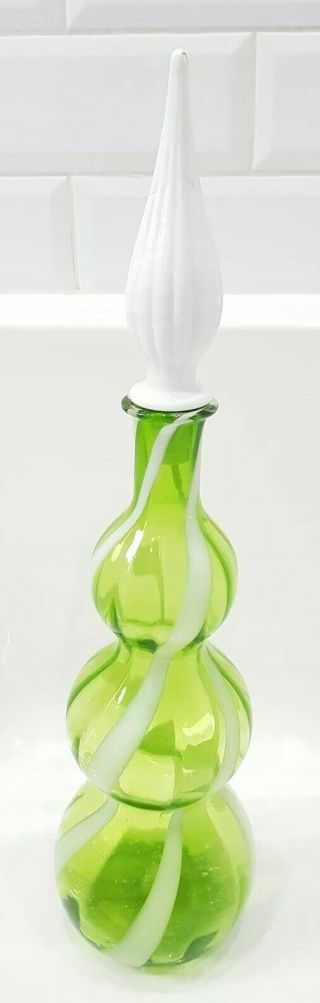Vintage Alrose Empoli Glass Italy Green & White Candy Striped Gourd / Genie Vase