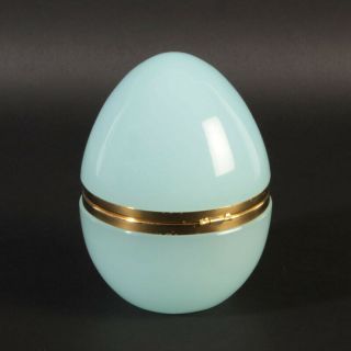 HUGE vintage egg shape box French opaline glass goldplated metal light petrol 2 3