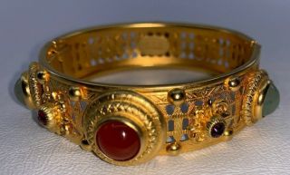 Vintage Signed Natasha Stambouli Multi - Gem,  Gold - Plated Hinged Bracelet Cabochon