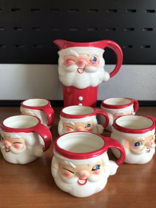 Vintage 1964 Holt Howard Winking Santa Pitcher,  6 Mugs Ceramic Christmas Nos