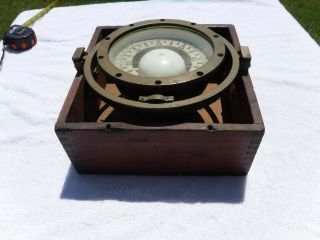 LARGE Vintage Antique Brass Maritime Marine Boat Ship Compass,  Box E.  S.  Ritchie 4