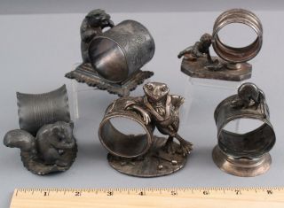 5 Antique Silverplate Figural Napkin Ring Holders Bear Squirrel Frog Bird Cherub