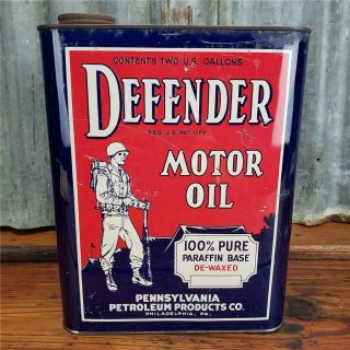 Vintage 2 Gallon DEFENDER MOTOR OIL METAL CAN WW2 PHILA,  PA sign 2