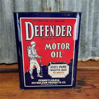 Vintage 2 Gallon DEFENDER MOTOR OIL METAL CAN WW2 PHILA,  PA sign 7