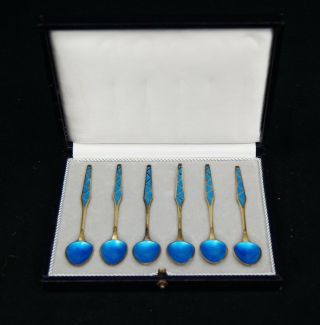 Set Of 6 Ela Denmark Demitasse Spoons Blue Seashell Enamel Sterling Danish A8902
