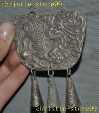 Old Chinese Tibet silver carving Dragon Kirin Kylin Chi - lin beast amulet Pendant 2
