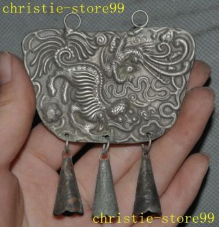 Old Chinese Tibet silver carving Dragon Kirin Kylin Chi - lin beast amulet Pendant 4