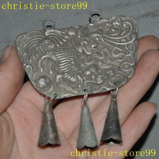 Old Chinese Tibet silver carving Dragon Kirin Kylin Chi - lin beast amulet Pendant 5