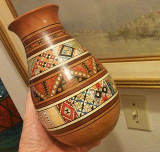 Large 9 " Vtg Novica Peruvian Pottery Lama Painting Vase Tribal Art Latin America