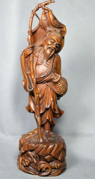 Collectable Old China Boxwood Hand Carve Fisherman Hold Fish Royal Wealth Statue