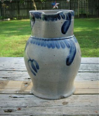 Antique Primitive Cobalt Blue Decorated Stoneware Pitcher/crock/jug - Small Size -