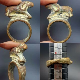 Unique Rare Ancient Old Roman Bronze Ring With Animal