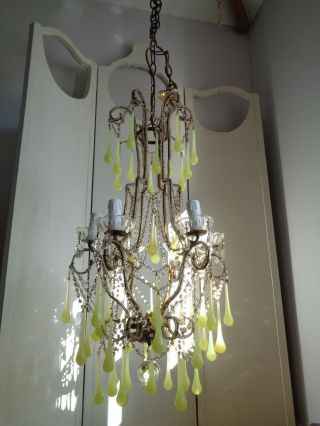 Vintage French Beaded Chandelier Rare Yellow Opaline Drops