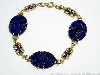 Antique 14k Gold Art Deco Natural Lapis Lazuli Carved Segment Bracelet Esoteric