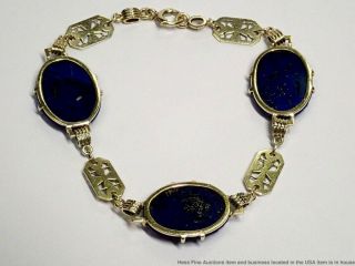 Antique 14k Gold Art Deco Natural Lapis Lazuli Carved Segment Bracelet Esoteric 4