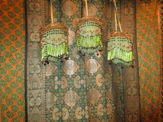 3 Antique Czech Glass Lampshades Green Silk Fringe