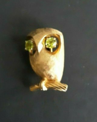 Vintage 14 K Yellow Gold Owl Pin W/ Peridot Eyes