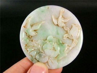 Old Chinese Jadeite Emerald Jade Carve Pendant Netsuke Birds & Poeny