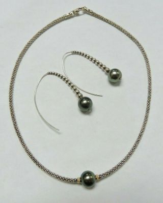 Lagos Tahitian Pearl Silver Caviar Necklace W/18k Gold Accents & Earrings Set