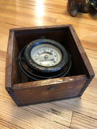 Antique Maritime Nautical Floating Compass In Wooden Box No Lid