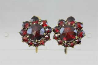 Victorian Bohemian Garnet Rose Cut Gold Gilt Earrings Antique Luxury Round