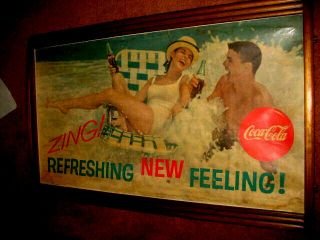 Vintage 1961 Coca Cola Zing Refreshing Large Cardboard Advertising Sign & Frame