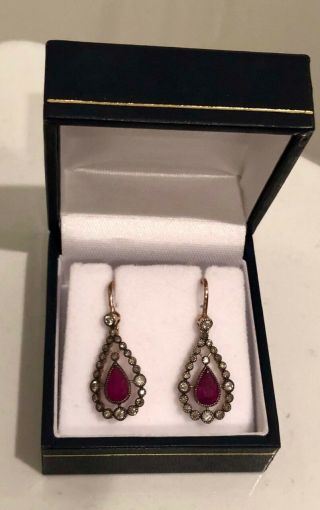 Antique Ruby And Diamond Drop Earrings Boxed With Valuation $2,  950 Certificate