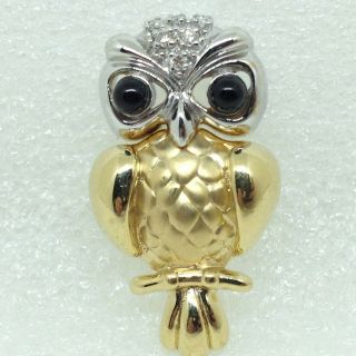 Vintage 14k Yellow White Gold Owl Brooch Pin Diamond Fine Bird Jewelry