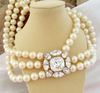 Vtg Runway Couture Monet Triple Strand Faux Pearls W Swarovski Crystal Clasp 80s