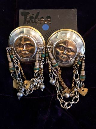 Vintage Tabra Sterling Silver Brass Moon Sun Face With 3 Hoop Dangles Earrings