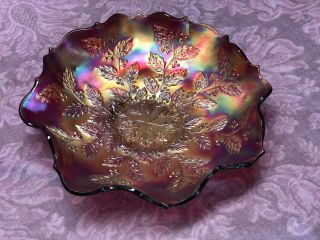 FENTON ANTIQUE CARNIVAL GLASS RUFFLED BOWL HOLLY RED AMBERINA IRIDESCENCE 10