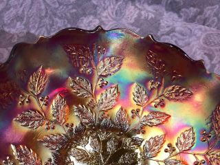 FENTON ANTIQUE CARNIVAL GLASS RUFFLED BOWL HOLLY RED AMBERINA IRIDESCENCE 12