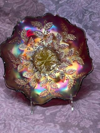 Fenton Antique Carnival Glass Ruffled Bowl Holly Red Amberina Iridescence