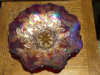 FENTON ANTIQUE CARNIVAL GLASS RUFFLED BOWL HOLLY RED AMBERINA IRIDESCENCE 6