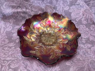 FENTON ANTIQUE CARNIVAL GLASS RUFFLED BOWL HOLLY RED AMBERINA IRIDESCENCE 9