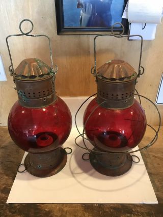 Antique Red Stain Glass Globe Onion Ships Lamps H.  L.  Piper Copper Ship Lanterns