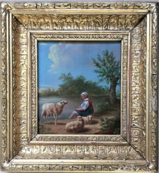 Fine Small 18th Century Antique Oil Portrait Painting Sheep & Lady In Landscape