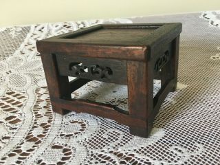 Antique Chinese Hardwood Raised Square Plant/ Pot Stand With Carved Base - 9.  5cm