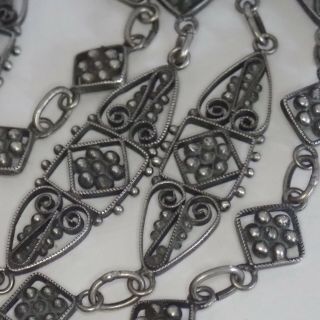 Long Unusual Antique Edwardian Art Deco Sterling Silver Filigree Chain Necklace