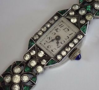 Antique Art Deco Sterling Silver Emerald Crystal Paste Rhinestone Watch Bracelet